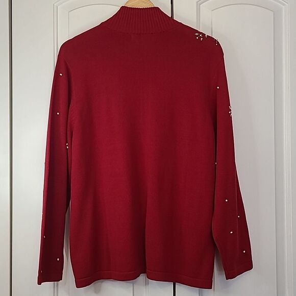 Norm Thompson Beaded Snowflake Zip Front Cotton Cardigan Sweater Red Size L - Picture 6 of 13